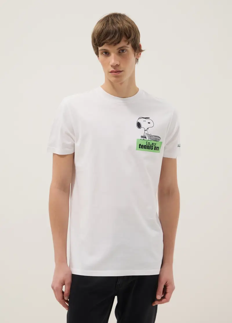 T-shirt In Puro Cotone Bianco Regular Fit Con Stampa Snoopy, Uomo, Bianco