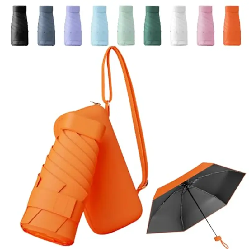 Pendenza Ombrello Piccolo, Mini Ombrello Tascabile, Ombrello Da Viaggio Da Viaggio Pioggia e Sole Piccolo Compatto Ombrello Da Donna Piccolo Ombrello Anti-Uv Per Pioggia Con cinghie?arancia?