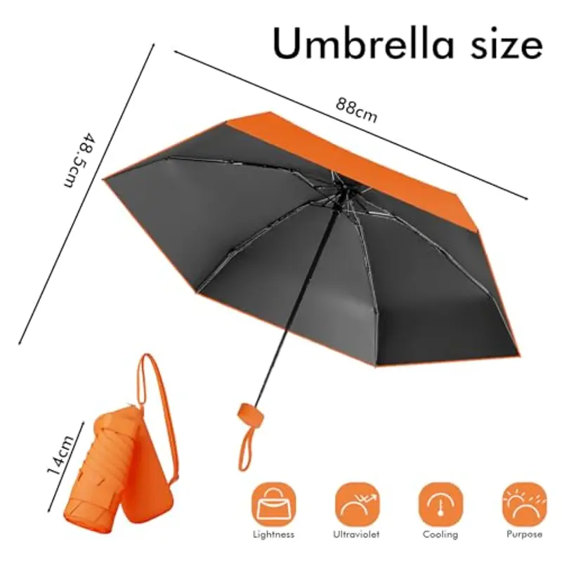 Pendenza Ombrello Piccolo, Mini Ombrello Tascabile, Ombrello Da Viaggio Da Viaggio Pioggia e Sole Piccolo Compatto Ombrello Da Donna Piccolo Ombrello Anti-Uv Per Pioggia Con cinghie?arancia miniatura 2