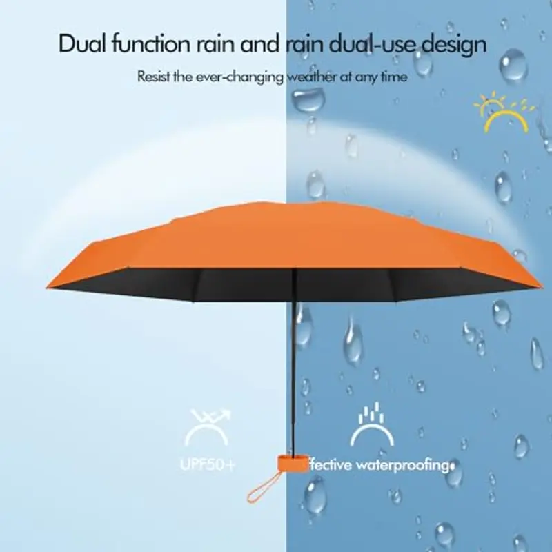 Pendenza Ombrello Piccolo, Mini Ombrello Tascabile, Ombrello Da Viaggio Da Viaggio Pioggia e Sole Piccolo Compatto Ombrello Da Donna Piccolo Ombrello Anti-Uv Per Pioggia Con cinghie?arancia miniatura 3