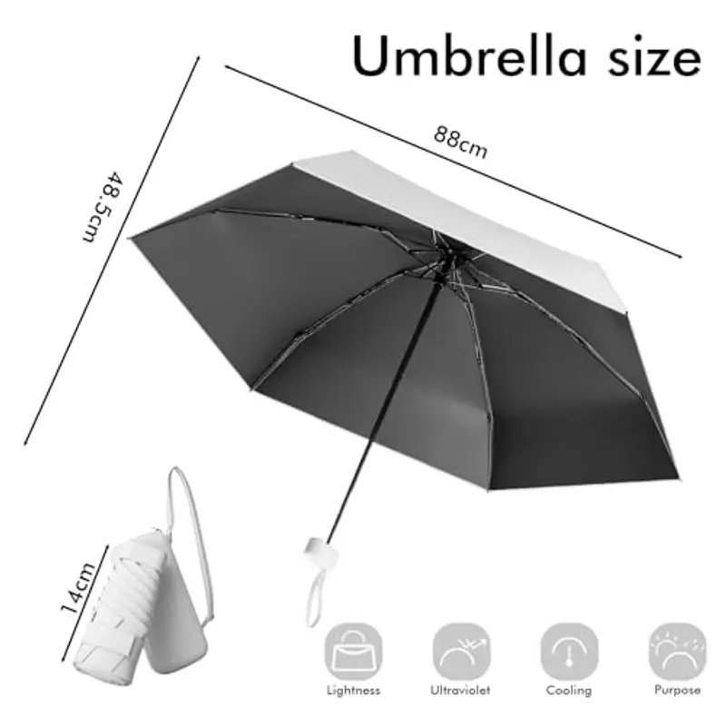 Pendenza Ombrello Piccolo, Mini Ombrello Tascabile, Ombrello Da Viaggio Da Viaggio Pioggia e Sole Piccolo Compatto Ombrello Da Donna Piccolo Ombrello Anti-Uv Per Pioggia Con cinghie?Bianco miniatura 2