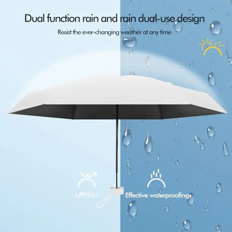 Pendenza Ombrello Piccolo, Mini Ombrello Tascabile, Ombrello Da Viaggio Da Viaggio Pioggia e Sole Piccolo Compatto Ombrello Da Donna Piccolo Ombrello Anti-Uv Per Pioggia Con cinghie?Bianco miniatura 3