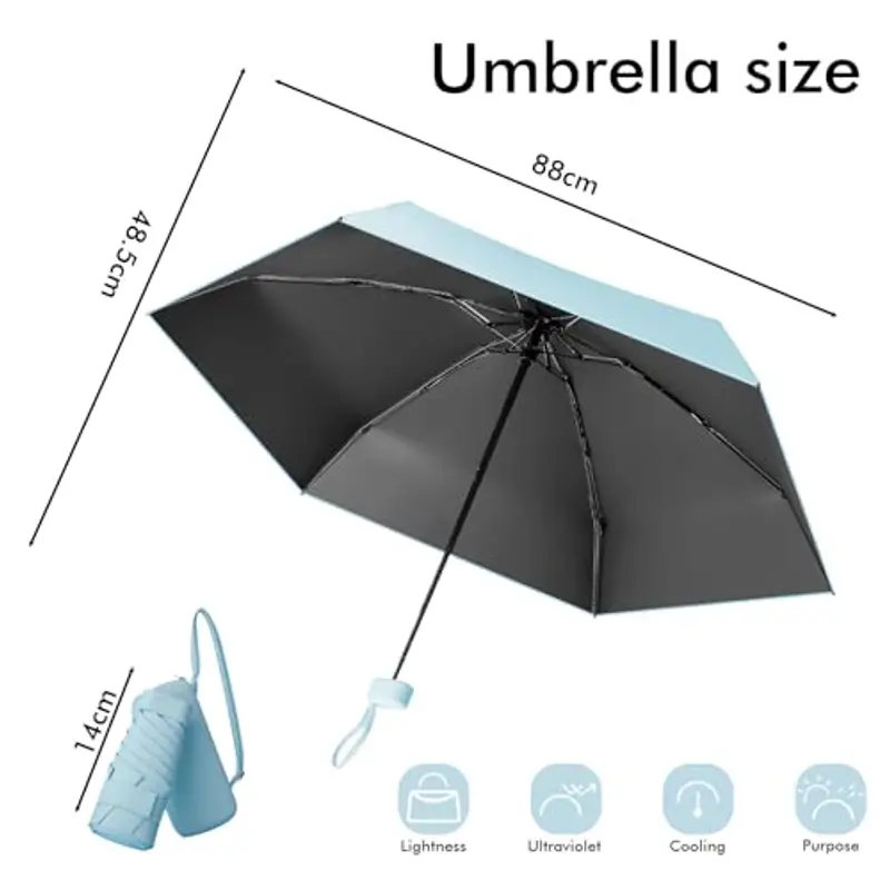 Pendenza Ombrello Piccolo, Mini Ombrello Tascabile, Ombrello Da Viaggio Da Viaggio Pioggia e Sole Piccolo Compatto Ombrello Da Donna Piccolo Ombrello Anti-Uv Per Pioggia Con cinghie?blu miniatura 2