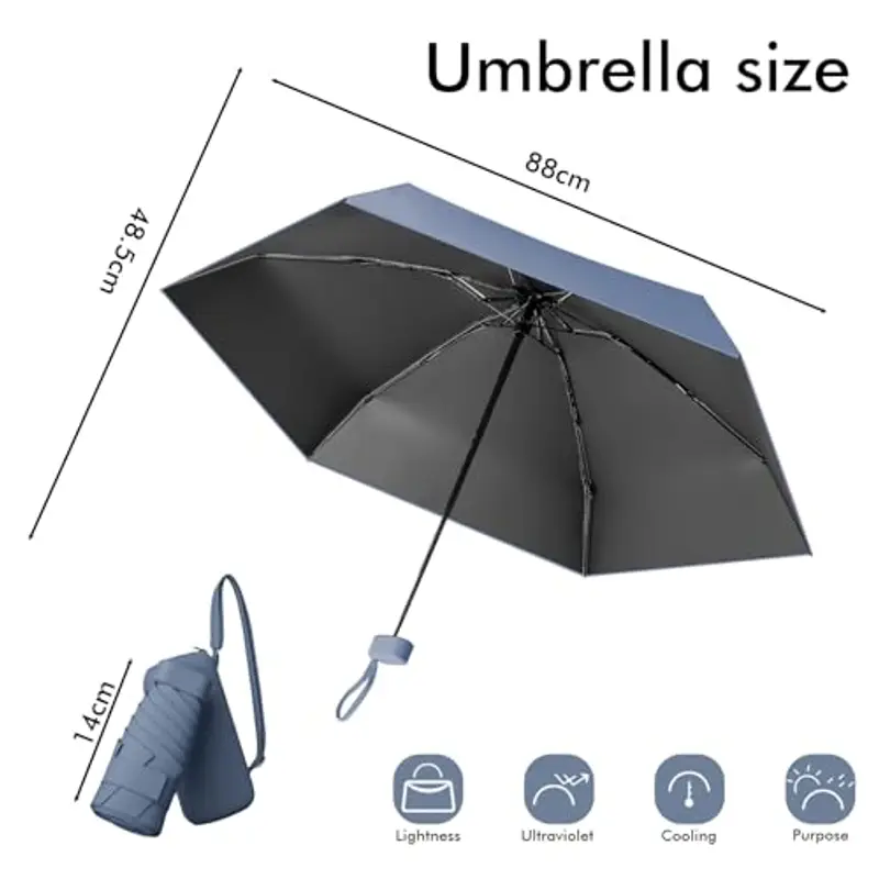 Pendenza Ombrello Piccolo, Mini Ombrello Tascabile, Ombrello Da Viaggio Da Viaggio Pioggia e Sole Piccolo Compatto Ombrello Da Donna Piccolo Ombrello Anti-Uv Per Pioggia Con cinghie?nebbia blu miniatura 2