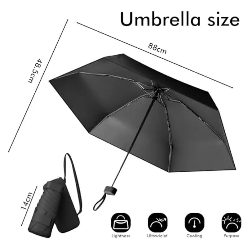 Pendenza Ombrello Piccolo, Mini Ombrello Tascabile, Ombrello Da Viaggio Da Viaggio Pioggia e Sole Piccolo Compatto Ombrello Da Donna Piccolo Ombrello Anti-Uv Per Pioggia Con cinghie?nero miniatura 2