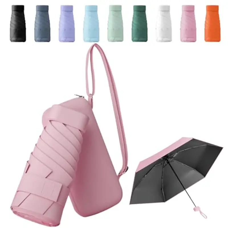 Pendenza Ombrello Piccolo, Mini Ombrello Tascabile, Ombrello Da Viaggio Da Viaggio Pioggia e Sole Piccolo Compatto Ombrello Da Donna Piccolo Ombrello Anti-Uv Per Pioggia Con cinghie?rosa?