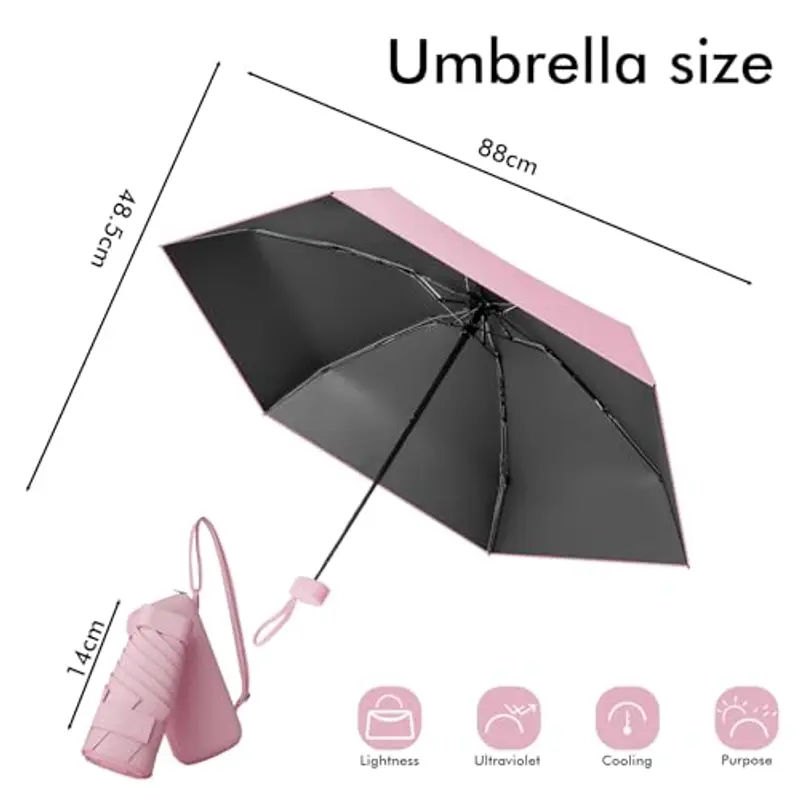 Pendenza Ombrello Piccolo, Mini Ombrello Tascabile, Ombrello Da Viaggio Da Viaggio Pioggia e Sole Piccolo Compatto Ombrello Da Donna Piccolo Ombrello Anti-Uv Per Pioggia Con cinghie?rosa miniatura 2