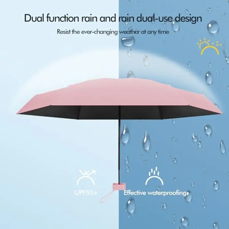 Pendenza Ombrello Piccolo, Mini Ombrello Tascabile, Ombrello Da Viaggio Da Viaggio Pioggia e Sole Piccolo Compatto Ombrello Da Donna Piccolo Ombrello Anti-Uv Per Pioggia Con cinghie?rosa miniatura 3