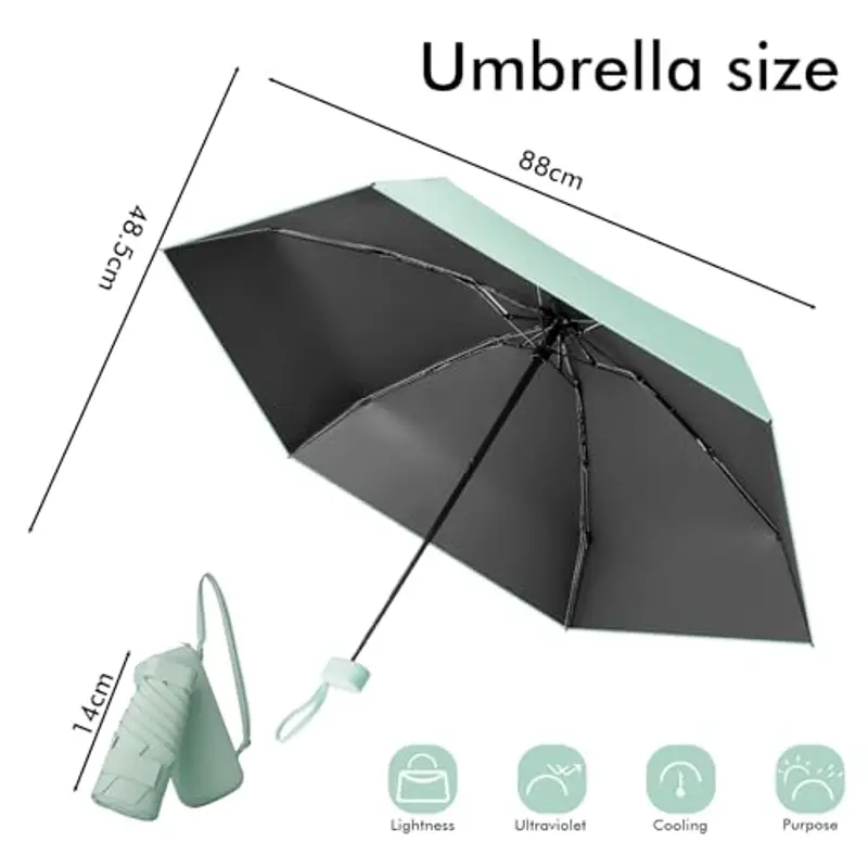 Pendenza Ombrello Piccolo, Mini Ombrello Tascabile, Ombrello Da Viaggio Da Viaggio Pioggia e Sole Piccolo Compatto Ombrello Da Donna Piccolo Ombrello Anti-Uv Per Pioggia Con cinghie?verde menta miniatura 2
