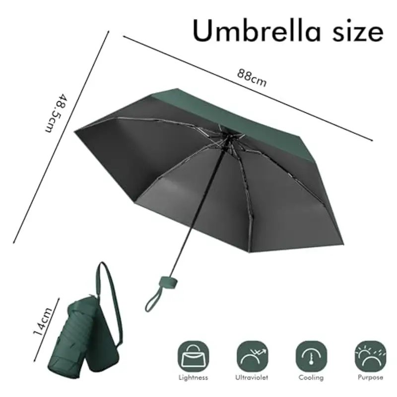 Pendenza Ombrello Piccolo, Mini Ombrello Tascabile, Ombrello Da Viaggio Da Viaggio Pioggia e Sole Piccolo Compatto Ombrello Da Donna Piccolo Ombrello Anti-Uv Per Pioggia Con cinghie?verde scuro miniatura 2