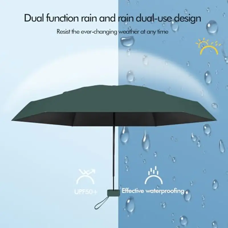 Pendenza Ombrello Piccolo, Mini Ombrello Tascabile, Ombrello Da Viaggio Da Viaggio Pioggia e Sole Piccolo Compatto Ombrello Da Donna Piccolo Ombrello Anti-Uv Per Pioggia Con cinghie?verde scuro miniatura 3