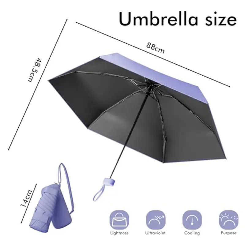 Pendenza Ombrello Piccolo, Mini Ombrello Tascabile, Ombrello Da Viaggio Da Viaggio Pioggia e Sole Piccolo Compatto Ombrello Da Donna Piccolo Ombrello Anti-Uv Per Pioggia Con cinghie?Viola miniatura 2