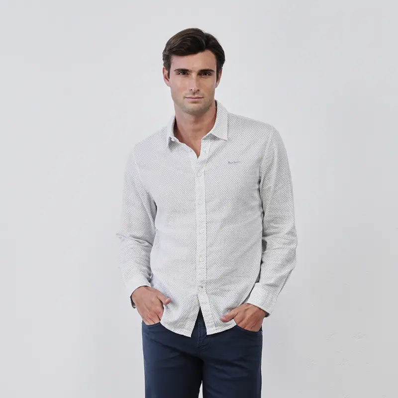 Camicia azzurra da uomo in misto lino con mini logo e micro stampa