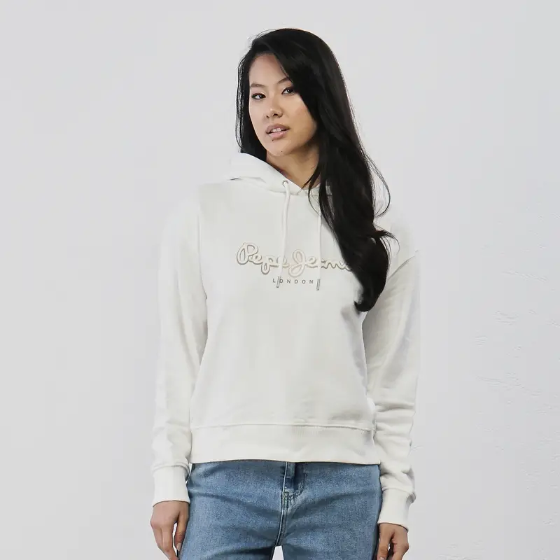 Felpa bianca da donna in cotone con logo e cappuccio