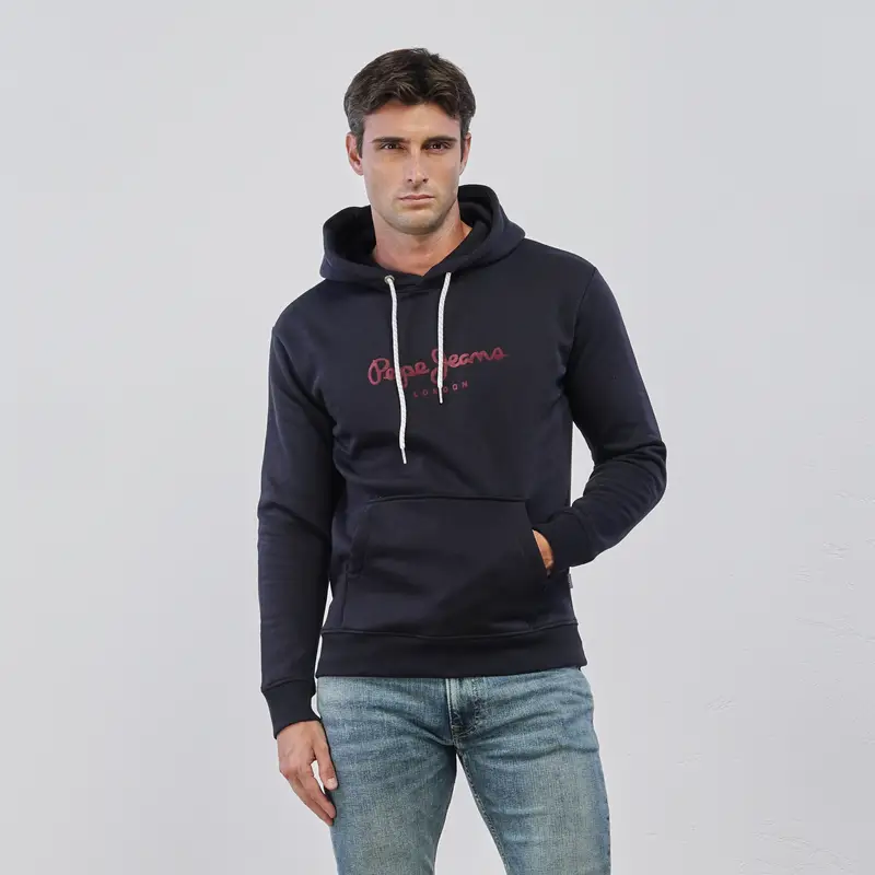 Felpa blu da uomo con cappuccio e scritta logo