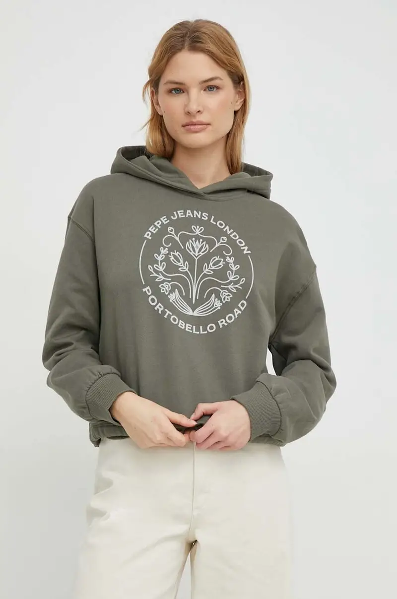 felpa in cotone HARIA donna colore verde con cappuccio con applicazione