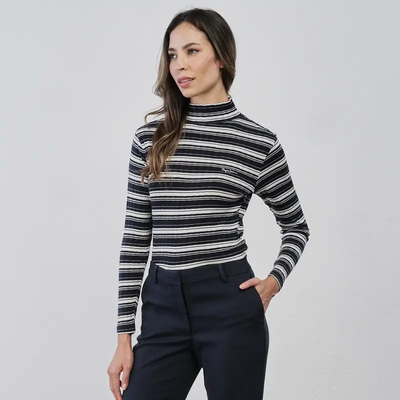 Maglia dolcevita blu da donna a righe in cotone