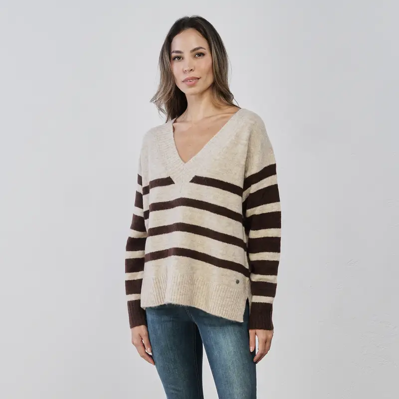 Maglione beige e marrone a righe con scollo a V