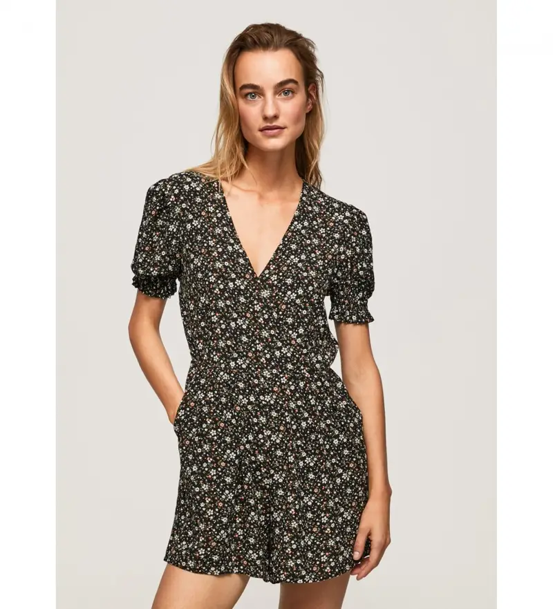 per donna PL230454 Tuta Alida nera (XS), Nero, Casual, Viscosa, Floreale, Manica corta, Sostenibile