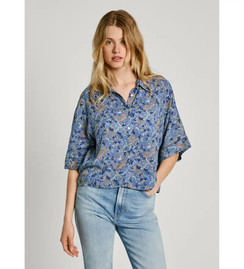 per donna PL304876 Camicia blu con stampa paisley dalla vestibilità rilassata (S), Casual, Modal, Manica 3/4