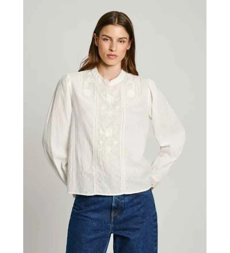 per donna PL304940 Blusa bianca primula (XS), Bianco, Casual, Cotone, Manica lunga
