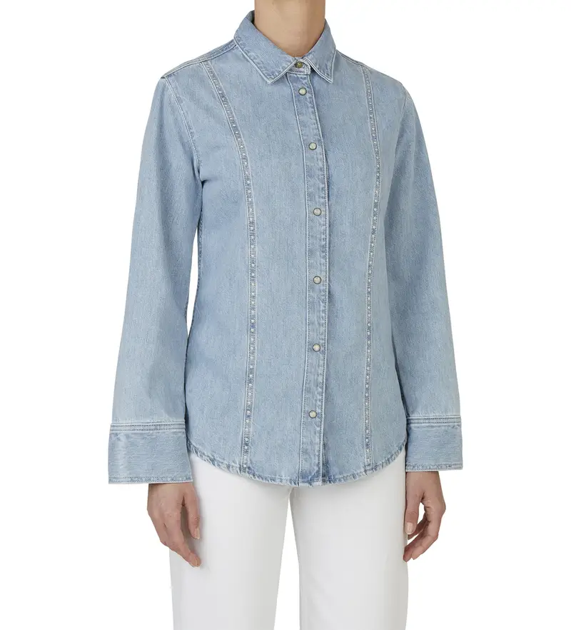 per donna PL305041 Camicia blu Belle Stud (XS), Casual, Cotone, Denim, Manica lunga Lavaggio blu