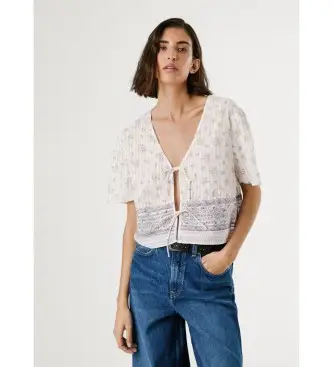 per donna PL305106 camicetta bianca Liliana (L), Bianco, Casual, Cotone, Manica corta Floreale