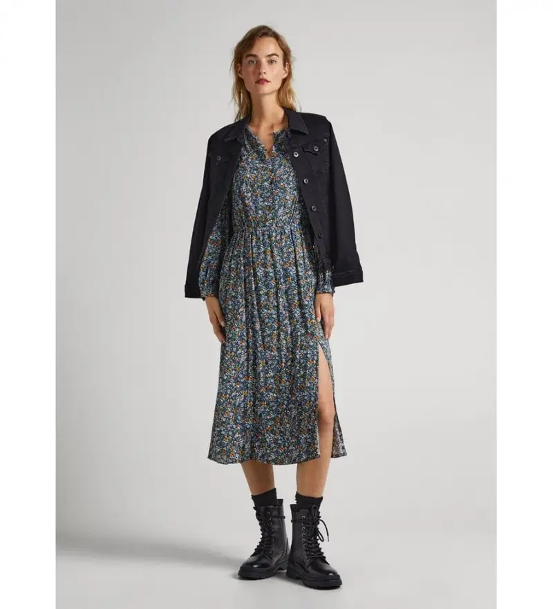 per donna PL953391 Abito Ichi blu navy (M), Casual, Viscosa, Floreale, Manica lunga