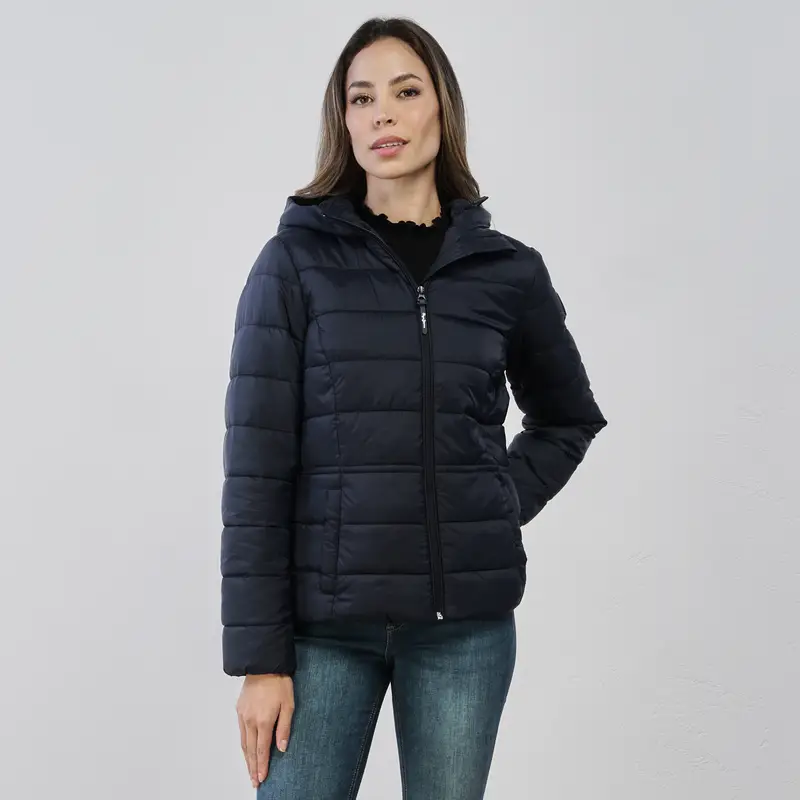 Piumino corto blu da donna con coulisse in vita