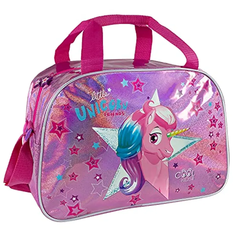 PERLETTI Borsa Sport Unicorno Bambina con Glitter Rosa - Borsone Palestra con Tracolla Viaggi Tempo Libero - Sacca