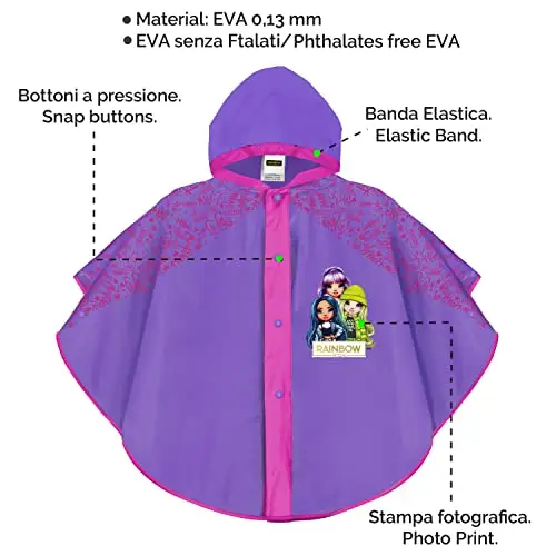 PERLETTI Mantella Pioggia Bimba Rainbow High 3 4 5 6 Anni - Poncho Antipioggia Bambina Viola Fucsia - Mantellina miniatura 3