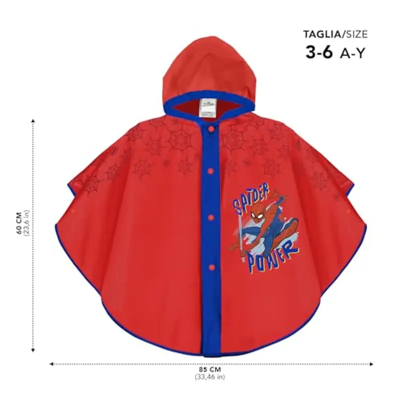 PERLETTI Mantellina Pioggia Bambino Uomo Ragno - Poncho Antipioggia Bimbo 3 4 5 6 Anni Ragno Rosso e Blu - Mantella Impermeabile Bambini con Cappuccio e Bottoni Leggera (Rosso e Blu, 3-6 Anni) miniatura 2