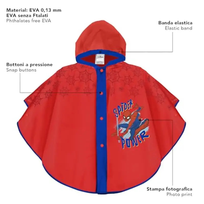 PERLETTI Mantellina Pioggia Bambino Uomo Ragno - Poncho Antipioggia Bimbo 3 4 5 6 Anni Ragno Rosso e Blu - Mantella Impermeabile Bambini con Cappuccio e Bottoni Leggera (Rosso e Blu, 3-6 Anni) miniatura 3