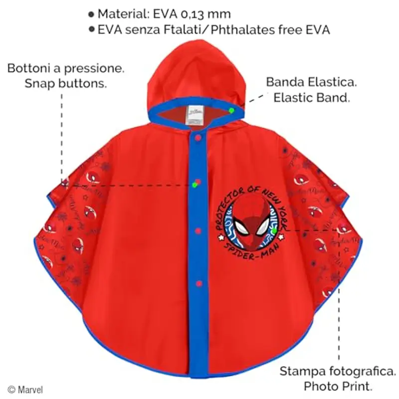 PERLETTI Mantellina Pioggia Bambino Uomo Ragno - Poncho Antipioggia Bimbo 3 4 5 6 Anni Spider Rosso e Blu - Mantella miniatura 3