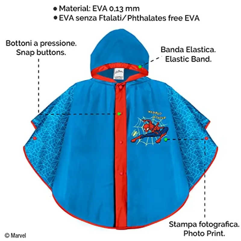 PERLETTI Mantellina Pioggia Marvel Spider Man - Giacca Antipioggia Impermeabile con Cappuccio e Bottoni Blu e Rosso miniatura 3
