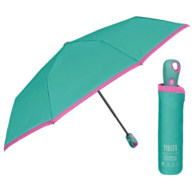 Ombrello Apri e Chiudi Tinta Unita Bordo Colorato Turchese Bordo Fucsia