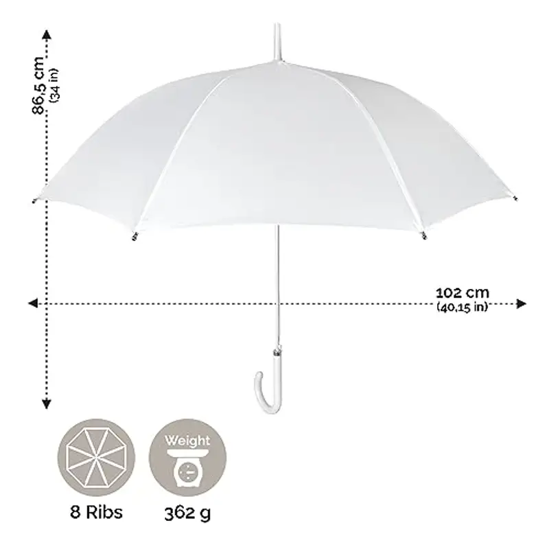 PERLETTI Ombrello da Sposa Bianco - Ombrello Matrimonio Classico Lungo Elegante con Impugnatura Bianca da Cerimonia - Ombrello Pioggia Parasole Antivento Matrimoni Eventi - Diametro 102 cm (Bianco) miniatura 3