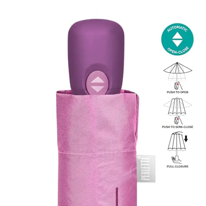 PERLETTI Ombrello Pieghevole Antivento Donna - Ombrellino Leggero Compatto Portatile da Borsa Viaggio - Apertura e Chiusura Automatica - Ombrello Mini Resistente Tascabile Tinta Unita (Rosa Pastello) miniatura 3