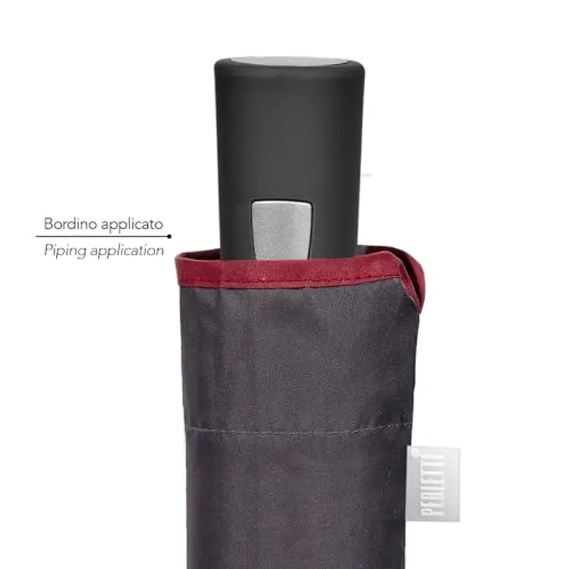 PERLETTI Ombrello Pieghevole Antivento Uomo Automatico - Ombrello Piccolo Classico Tascabile Tinta Unita - Ombrello Resistente Pioggia Portatile da Zaino - Diametro 96 cm (Grigio Bordo Rosso) miniatura 3