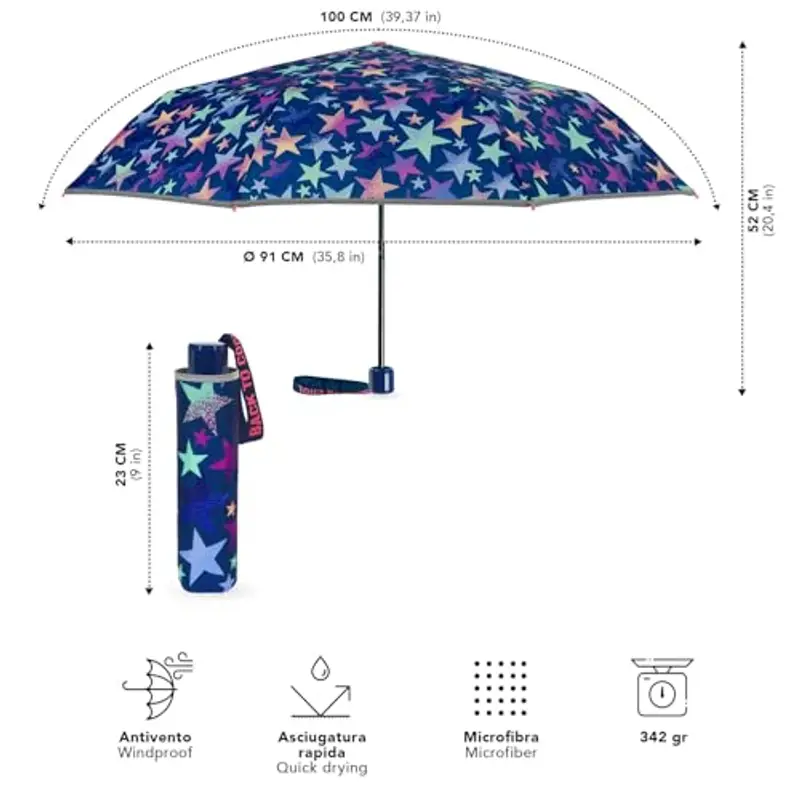 PERLETTI Ombrello Pieghevole Bambina con Stelline Multicolore - Ombrellino Bimba 7+ Anni Compatto Portatile - Ombrello Mini Antivento Bambini da Borsa con Apertura Manuale - Diametro 91 cm (Stelle) miniatura 2