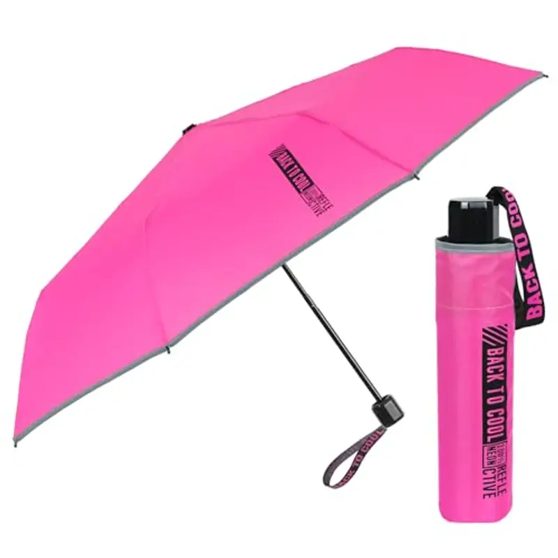 PERLETTI Ombrello Pieghevole Bambina Tinta Unita Fluo - Ombrellino Antivento Compatto Rosa Bimba Portatile - Ombrello Bambini 7+ Anni con Apertura Manuale di Sicurezza - Diametro 91 cm (Rosa Fluo)
