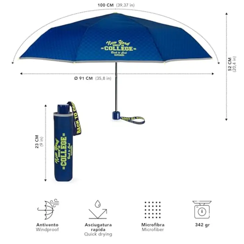 PERLETTI Ombrello Pieghevole Bambino Mini - Ombrellino Bimbo Compatto Apertura Manuale Dettagli Catarifrangenti da Viaggio - Ombrello Bambini Antivento Portatile 7+ Anni - Diametro 91 cm (College) miniatura 2