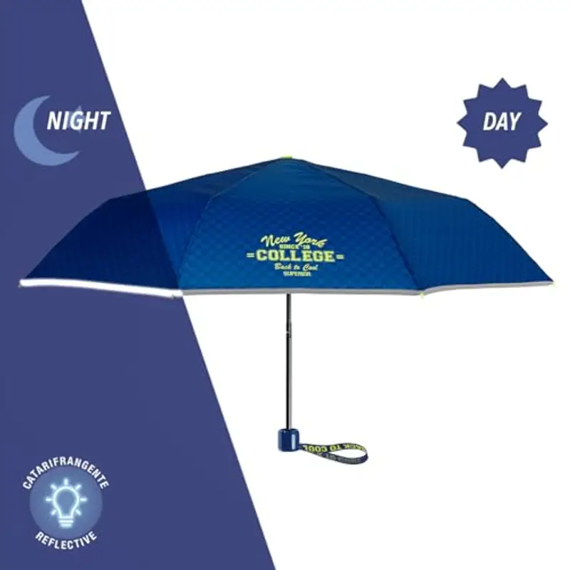 PERLETTI Ombrello Pieghevole Bambino Mini - Ombrellino Bimbo Compatto Apertura Manuale Dettagli Catarifrangenti da Viaggio - Ombrello Bambini Antivento Portatile 7+ Anni - Diametro 91 cm (College) miniatura 3