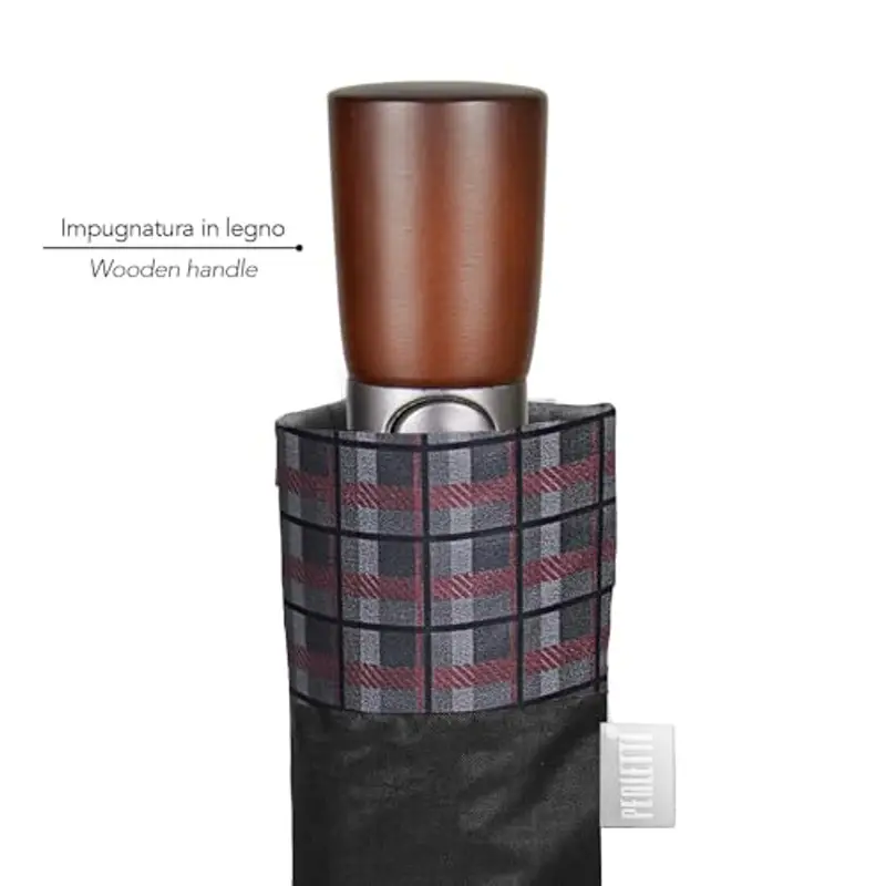 PERLETTI Ombrello Pieghevole Uomo Automatico - Ombrello Antivento Piccolo Portatile Elegante Leggero - Ombrello Mini Resistente Pioggia Portatile da Zaino - Diametro 96 cm (Bordo Scozzese Marrone) miniatura 3