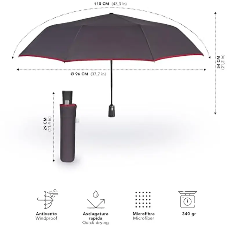 PERLETTI Ombrello Pieghevole Uomo Automatico - Ombrello Piccolo con Fantasia Elegante - Ombrello Resistente Antivento Pioggia Portatile da Zaino - Diametro 96 cm (Grigio) miniatura 2