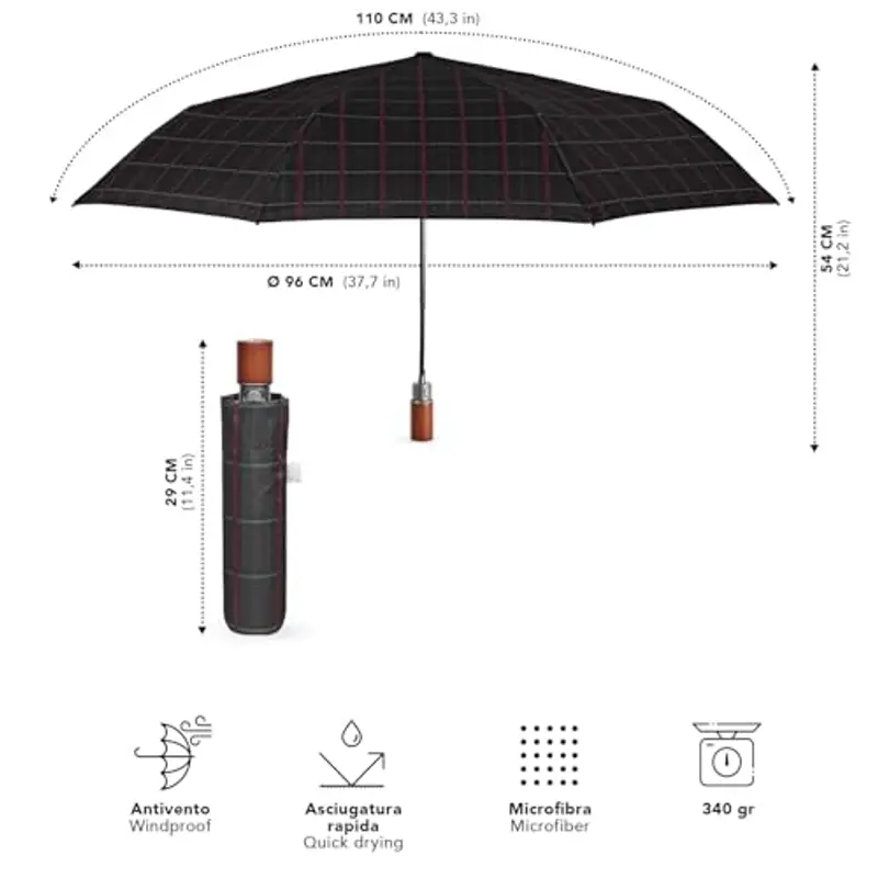PERLETTI Ombrello Pieghevole Uomo Automatico - Ombrello Piccolo con Fantasia Elegante - Ombrello Resistente Antivento Pioggia Portatile da Zaino - Diametro 96 cm (Linea Rossa) miniatura 2