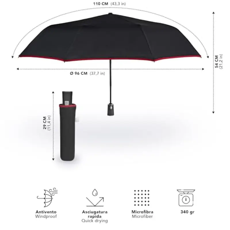 PERLETTI Ombrello Pieghevole Uomo Automatico - Ombrello Piccolo con Fantasia Elegante - Ombrello Resistente Antivento Pioggia Portatile da Zaino - Diametro 96 cm (Nero) miniatura 2
