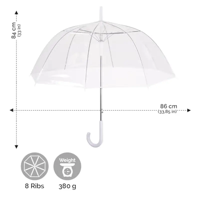 PERLETTI Ombrello Sposa Trasparente Pioggia Lungo - Ombrello Cupola Matrimonio Eventi Antivento con Manico Bianco - Ombrello Donna Classico da Cerimonia Automatico - Diametro 86 cm (Trasparente) miniatura 2