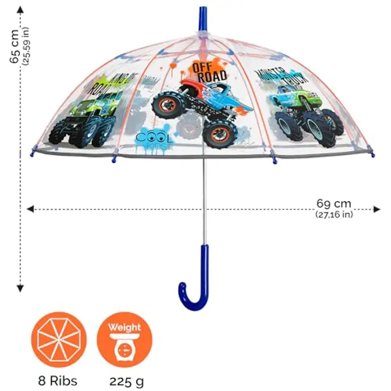 PERLETTI Ombrello Trasparente Bambino 3 4 5 Anni Monster Truck - Ombrello Pioggia Bambini Antivento Lungo a Cupola miniatura 2