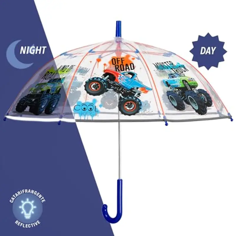 PERLETTI Ombrello Trasparente Bambino 3 4 5 Anni Monster Truck - Ombrello Pioggia Bambini Antivento Lungo a Cupola miniatura 3